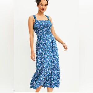 LOFT Blue Floral Shirred Flounce Maxi Dress S